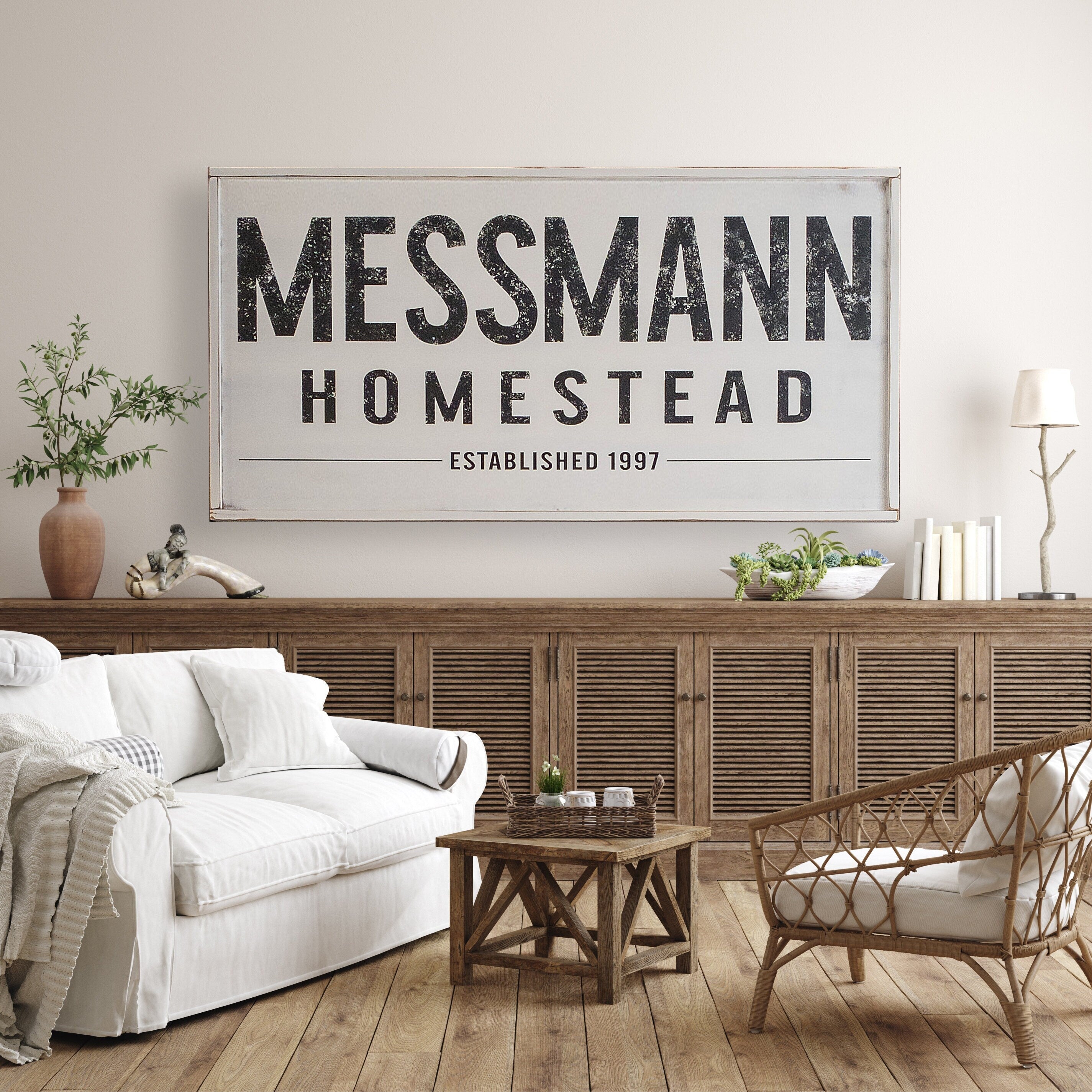 Picture shown in Warm White with Black Text and Warm White Distressed Trim